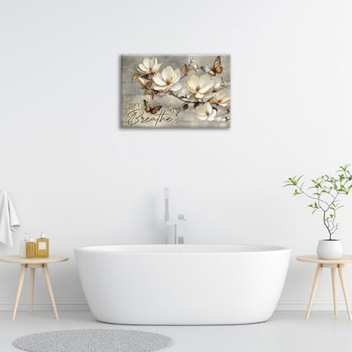 Floral Magnolia Bathroom Pictures Wall Art, Just Breathe Bathroom Wall Decor, Flower Butterfly Framed Painting Canvas Artwork for Bedroom Living Room Decorations 24" L x 16" W - Image 6