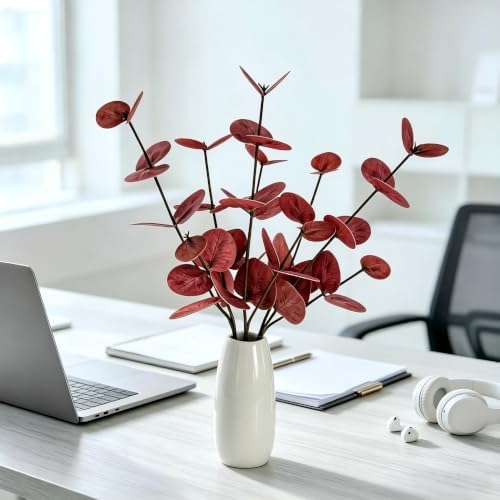Faux Eucalyptus Stems with White Ceramic Vase(Burnt-Orange) - Image 7