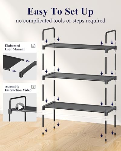 Kitsure Shoe Rack for Closet, Shoe Storage, 27.6" Wide - 3 Tiers, Black - Image 6