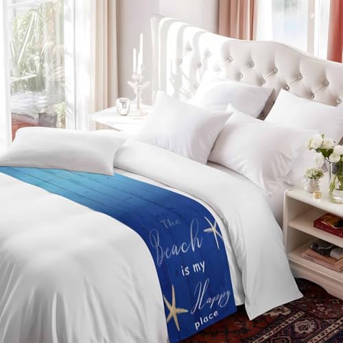Happy Beach Place Marine Starfish Bed Runner for Bedroom Hotel, Decorative Bedding Scarf Gradient Blue Wood Grain End Blanket Runner for Queen Size, 94x20in - Image 7