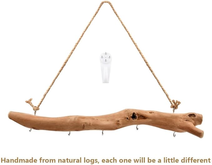 15Inch Driftwood Wall Hanging Jewelry Organizer - Rustic Wood Tree-Shaped Wall Decor with 5 Hooks for Rustic, Boho & Farmhouse Home