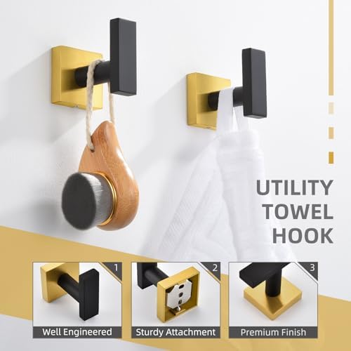 Angle Simple Bathroom Towel Hook Black & Gold, Bath Robe Coat Holder, 2 PCS - Image 6