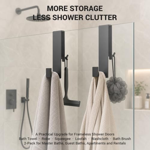 Zidox Shower Door Hooks for Frameless Glass, Double-Sided Over The Glass Towel Hook & Squeegee Holder, Rubber Covered Scratch-Free Bathroom Shower Hooks for Up to 1/2" Door (Matte Black, 2 Pack) - Image 7