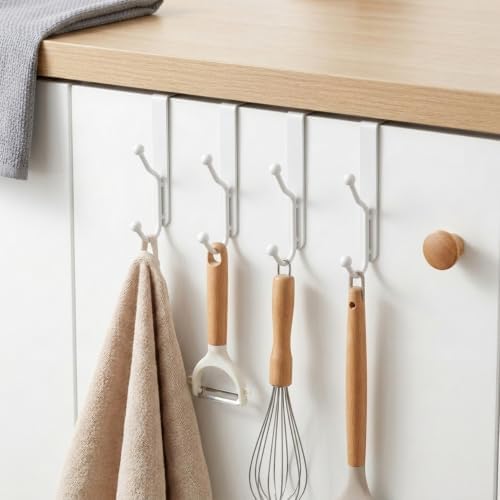 4 Pack White Over The Door Hooks, Minimalist Heavy Duty Metal Door Hanger Hooks, Multi Prong Coat Towel Hooks for Apartment, Bathroom & Bedroom - Image 7