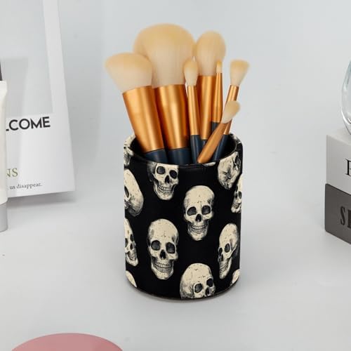 Leather Pen Holder for Desk, Black and White Skulls Pencil Cup Pen Organizer Makeup Brush Holder for Office Home Kids Countertop Desk Accessory Storage - Image 6