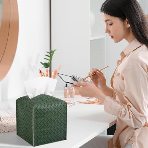 Tissue Box Cover Square Leather Facial Paper Holder, Dark Green - Image 3