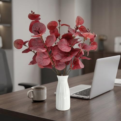 Artificial Eucalyptus Stems with Ceramic Vase for Home Decor,Dusty Red - Image 6