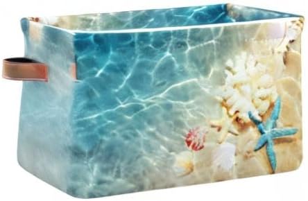 AUUXVA Storage Basket Tropical Sea Beach Starfish Seashell Storage Cube Box Durable Canvas Collapsible Toy Basket Organizer Bin with Handles for Shelf Closet Bedroom Home Office
