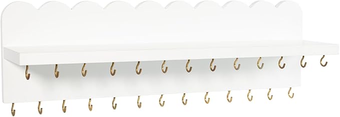 Wall Mount Jewelry Organizer with 26 Hooks and Cosmetics Shelf, Modern Wood Hanging Jewelry Holder for Necklaces, Bracelets, Earrings and Rings, White