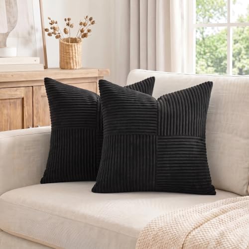 Fancy Homi 2 Packs Black Euro Decorative Throw Pillow Covers 28x28 Inch for Couch Bed Sofa, Rustic Farmhouse Boho Home Decor, Soft Corss Corduroy Patchwork Textured Square Cushion Case 71x71 cm - Image 7