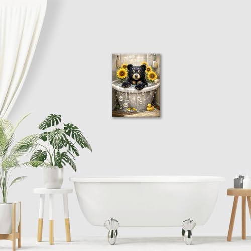 Sunflower Bear Bathroom Decor Pictures Wall Art, Funny Cute Black Bear Bathroom Wall Decor Canvas Print, Animal Framed Painting Artwork for Kids Bathroom Nursery Bedroom Living Room Decorations 16"L x 12"W - Image 7