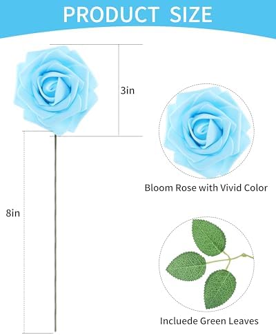 DuHouse 50Pcs Artificial Flowers Foam Roses with Stems(Sky Blue) - Image 6