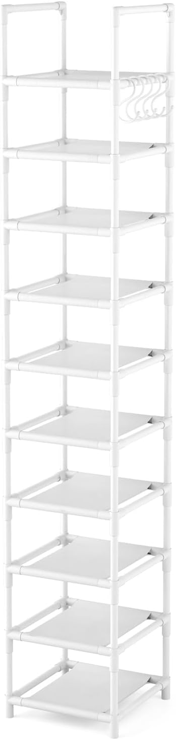 LANTEFUL Tall Narrow Shoe Rack 10-Tier Skinny Shoe Shelf Storage for 10-15 Pairs Shoes and Boots, Space Saving Corner Shoe Rack Organizer for Closet, Entryway, Garage, Living Room,White