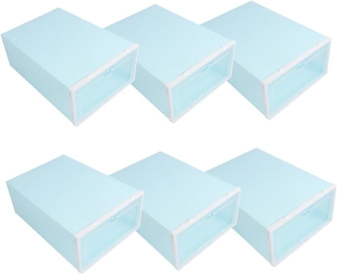 6pcs Thick Stackable Shoes Storage Box Plastic Shoe Container with White Frame Blue for Women Closet Organization