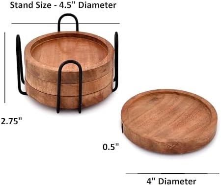 EDHAS Acacia Wood Round Coasters Set of 4 with Iron Holder for Drinks, Tabletop Protection for Any Table Type for Bar Kitchen Home Apartment (4 x 4 x 0.5) - Image 5