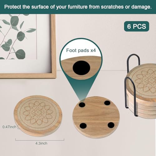 Wood Coasters for Drinks Housewarming Gifts for Home Decoration Absorbent Coasters with Holder for Coffee Tabletop Protection 4.3 Inch Beige - Image 6