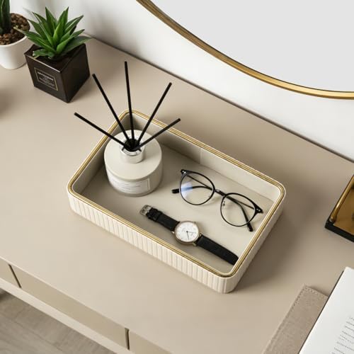 PU Leather Valet Tray,Desk Organizer Tray Nightstand Organizer Trinket Dish Storage Key Bowl Decorative Trays for Phone Wallet Jewelry Watch,Bathroom Bedroom Perfume Vanity Trays,Beige - Image 6