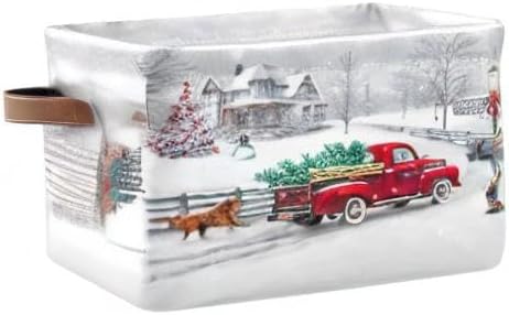 Christmas Tree Red Truck Foldable Fabric Storage Bin Cube with Handles for Shelf Closet, Nursery Bedroom