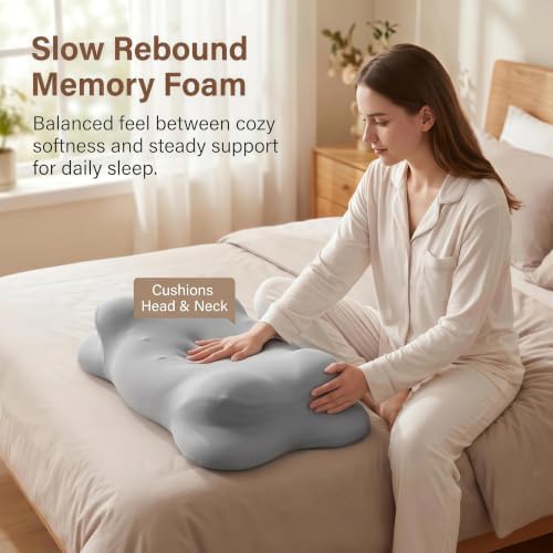Cloud Pillow, Cervical Neck Pillows for Sleeping,Ergonomic Memory Foam Pillows for Side Sleepers, Adjustable Dual-Height Design with Washable Cooling Cover (Gray) - Image 6