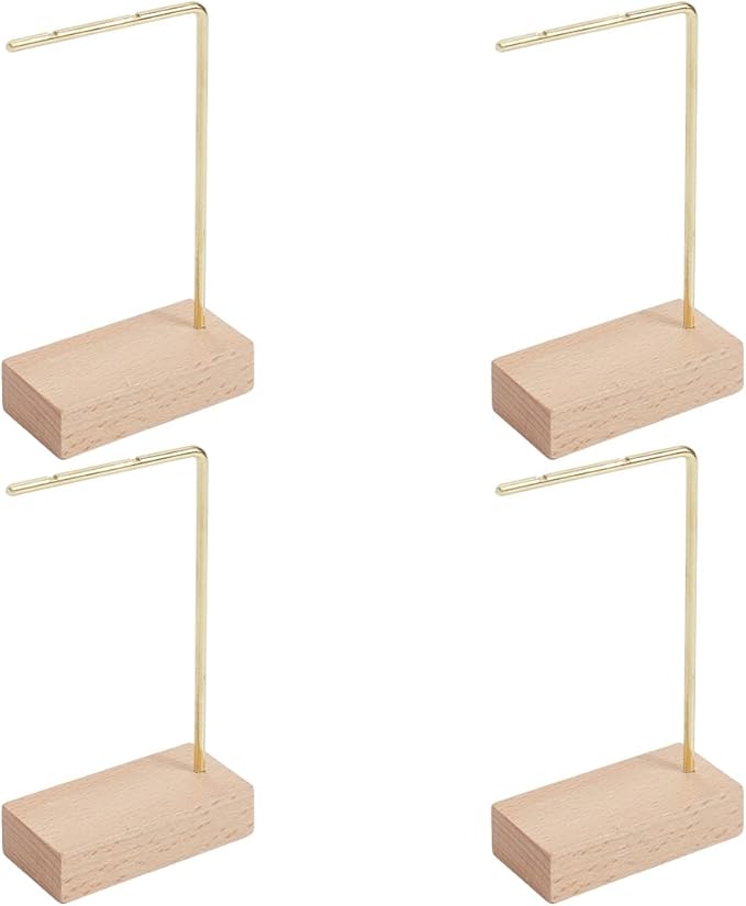 SUNNYCLUE 4pcs L Bar Earring Stand Brass Jewelry Stand Gold Brass Metal Ear Stud Earring Holders Hanger Display Organizer Shelf with Wood Base for Jewelry Bedroom Entryway Display Home Decorations
