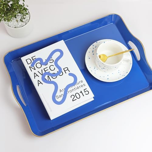 Spsyrine Large Blue Serving Tray with Handles, Plastic Decorative Tray for Coffee Table, Ottoman, Bathroom, Home Decor 17.3"*11.8"*2" - Image 6