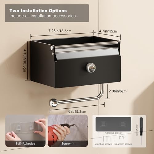 Voldra Toilet Paper Holder with Shelf, Flushable Wipes Dispenser for Bathroom, Adhesive Toilet Paper Roll Holder with Storage Wall Mount Stick On Bathroom Tissue Holder Front Flip Design (Matte Black) - Image 6