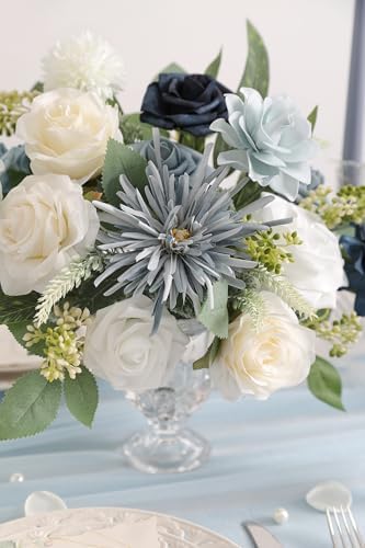 Blue White Artificial Flowers Silk Fake Roses Peonies Greenery Combo Box Set for DIY Wedding Bouquets Bridal Shower Centerpieces Floral Arrangements Party Tables Home Decoration - Image 6