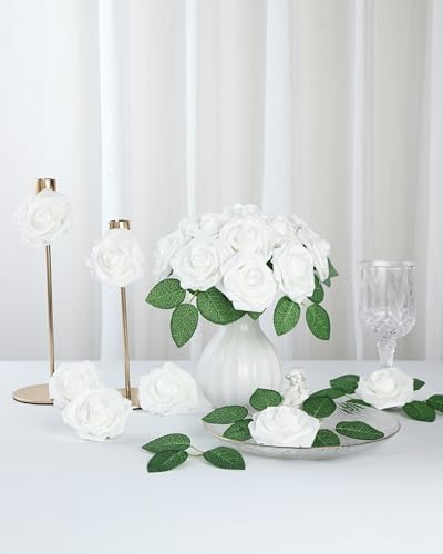 DuHouse 50Pcs Artificial Flowers Foam Roses with Stems(White) - Image 6
