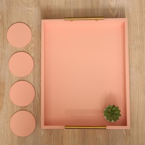 16.5"x13" Pionk Wooden Ottoman Tray, Gold Metal Handles 4 Coasters - Image 6