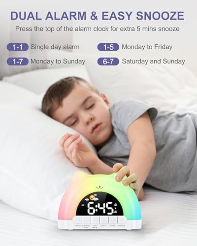 Kids Alarm Clock, Wake Up Clock with 11 Colors Night Light, Toddlers Sleep Training Clocks with 10 Ringtones, Brightness Adjustment, Dual Alarms Plug in OK to Wake Clocks for Girls Boys - Image 6