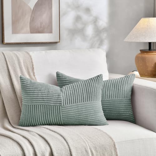 Fancy Homi 2 Packs Grey Blue Lumbar Decorative Throw Pillow Covers 16x26 Inch for Living Room Couch Bed Sofa, Farmhouse Boho Home Decor, Soft Striped Corduroy Rectangle Accent Cushion Case 65x40 cm - Image 5