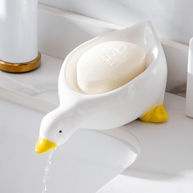 Cute Duck Ceramic Soap Dish with Drainage, Self-Draining, Non-Slip & Easy - Clean, Ceramic Soap Holder for Bathroom Kitchen, Ideal for Soap Sponge, Trinkets, Bathroom Decor Gift
