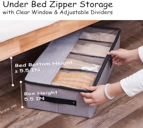 AARAINBOW Foldable Under Bed Clothes Organizer with Lid, Underbed Storage Container with Adjustable Dividers, Clear Window, Gray - Image 6