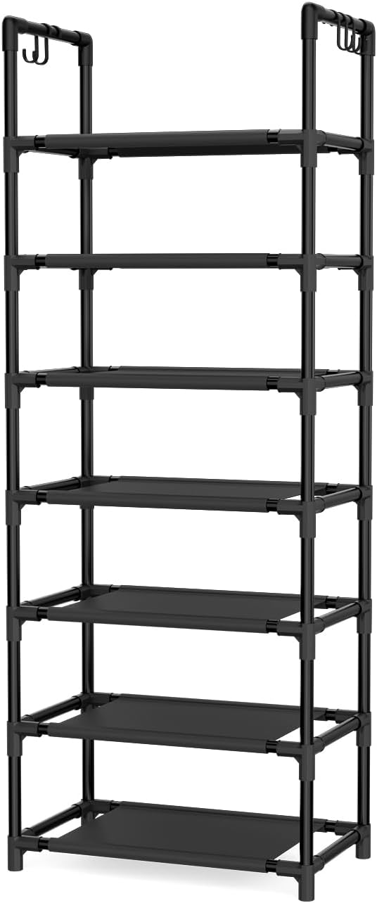 LANTEFUL 7 Tiers Shoe Rack 18-20 Pairs Boots Organizer Storage Sturdy Narrow Shoe Shelf for Entryway, Closets with Hooks, Black