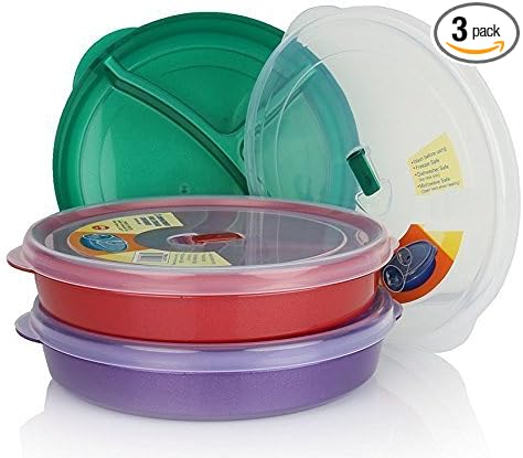 Chef's Choice Regent Products (Set of 3) Microwave Food Storage Tray Containers - 3 Section/Compartment Divided Plates w/Vented Lid