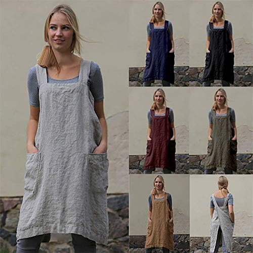 Larmliss Women's Pinafore Square Apron Baking Cooking Gardening Works Cross Back Cotton/Linen Blend Dress with 2 Pockets - Image 6