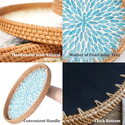 Round Rattan Tray with Mother of Pearl Inlay, Rattan Serving Tray for Coffee, Bread, Fruits, Decorative Wicker Tray for Table Decor, Home Decor, Kitchen Island Decor (Turquoise Leaf, 11.8") - Image 6
