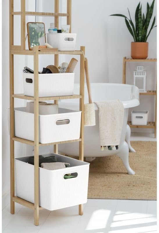 Decorative Plastic Basket Lidded Home Storage Bins Organizer Baskets, Large White (1 Pack - 15 Liter) Stackable Container Box, for Organizing Closet Storage Bins for Shelves - Ribbed Collection