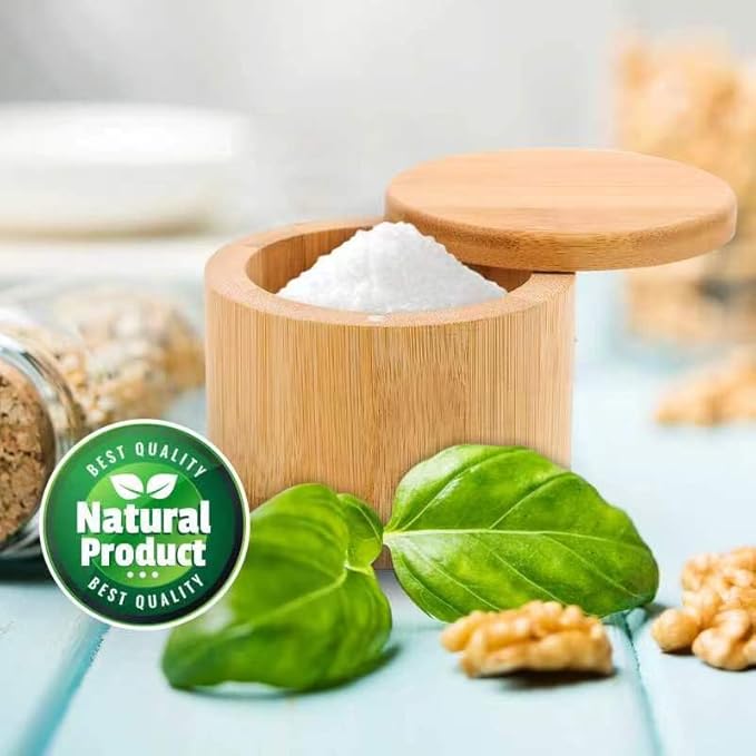 karmiero Salt Cellar, Bamboo Salt Container with Lid, Solid Salt Box Holder with 360° Swivel Lid for Countertop to Store Pepper Spice, Elegant Flaky Salt Containers Bowl on Your Kitchen, 6OZ