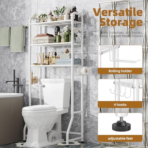 Simple Trending Over The Toilet Storage Rack, Metal 3 Tier Bathroom Organizer Shelf with Paper Holder and 3 Hooks, Freestanding Shelf Space Saver Above Toilet, White - Image 6