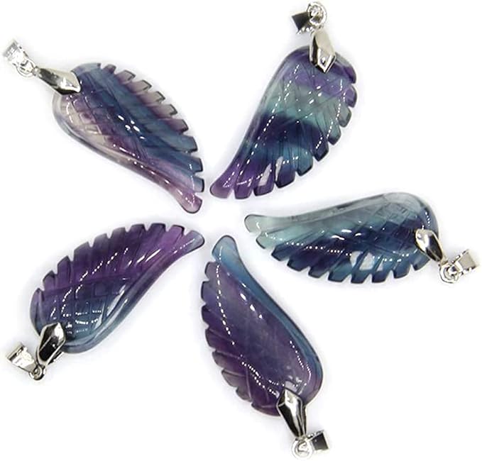35mm Hand carved mixed gemstom angel wing for necklace pendant bead (fluorite crystal)