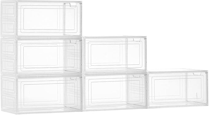 VEVOR Shoe Storage Boxes, 6 Pack Clear Stackable Shoe Boxes Storage Organizers with Magnetic Door, Fit up to US Size 13, Plastic Sneaker Containers for High Heels, Boots, and Hats, Transparent White