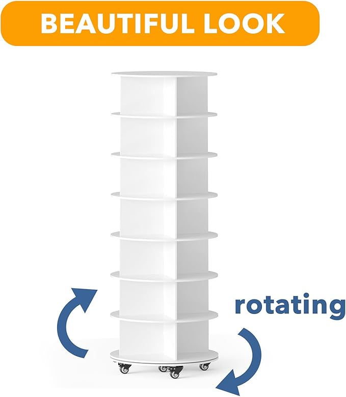 SpaceAid Spinning Shoe Rack with Wheels, 7 Tier Rotating Organizer Shoe Tower Lazy Susan with Thick Bottom, 360 Display Revolving Storage Shelf, Round Circular Rotate Organization, White