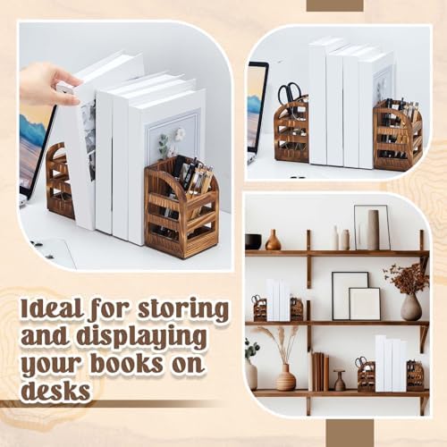 1 Pair 2 in 1 Rustic Burnt Wooden Bookend with Coated Metal Desk Supply Holds Non Skid Desktop Book Ends Pen Holder Pencil Cup Stationery Storage Bins Book Stopper for Home Office Dorm Room - Image 7