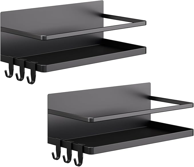 Magnetic Spice Rack for Refrigerator, 2 Pack Magnetic Shelf, Fridge Magnet Organizer with Moveable 6 Hooks, Magnetic Fridge Shelf for Kitchen Organization and Storage(Black, 2 Pack)