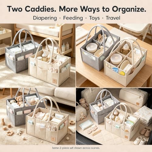 HIPHOP PANDA 2-Pack Diaper Caddy Organizer - Newborn Essentials Baby Registry Must Haves - Sturdy Nursery Storage Bin & Portable Car Caddy for Diapers & Wipes - Grey/Oatmeal Gift Set - Image 7