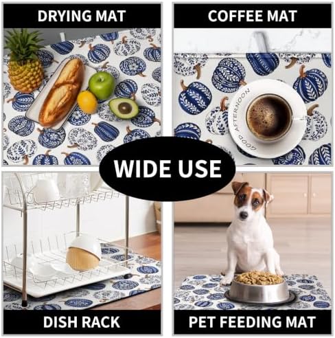 Chinoiserie Fall Dish Drying Mat for Kitchen Counter Blue and White Porcelain Pumpkin Dishes Drying Mat 16x18 Autumn Thanksgiving Dish Drainer Pad Microfiber Absorbent Dish Rack Mats - Image 7