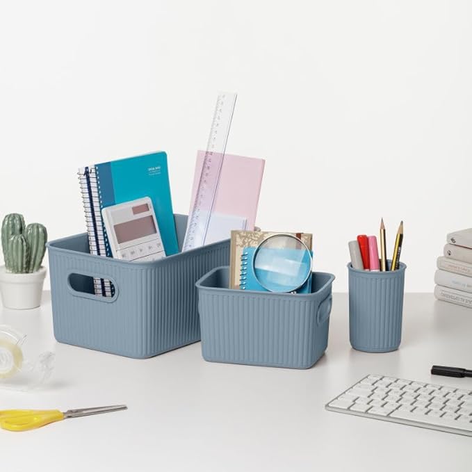 Decorative Plastic Basket Lidded Home Storage Bins Organizer Baskets, Medium Blue (1 Pack - 5 Liter) Stackable Container Box, for Organizing Closet Storage Bins for Shelves - Ribbed Collection