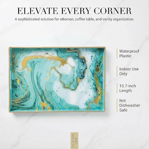 Decorative Tray, Marbling Plastic Tray with Handles, Rectangular Vanity Tray and Serving Tray for Bathroom, Kitchen, Ottoman and Coffee Table, 15.6" x 10.2" (Golden Blue) - Image 7