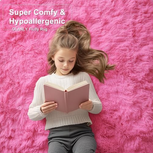 OLANLY 3x5 Machine Washable Small Bedside Rug, Soft Fluffy Shaggy Rugs for Living Room, Bedroom, Indoor Floor Carpet for Kids Girls and Boys, Preppy Dorms, Nursery, Home Decor Aesthetic, Hot Pink - Image 6